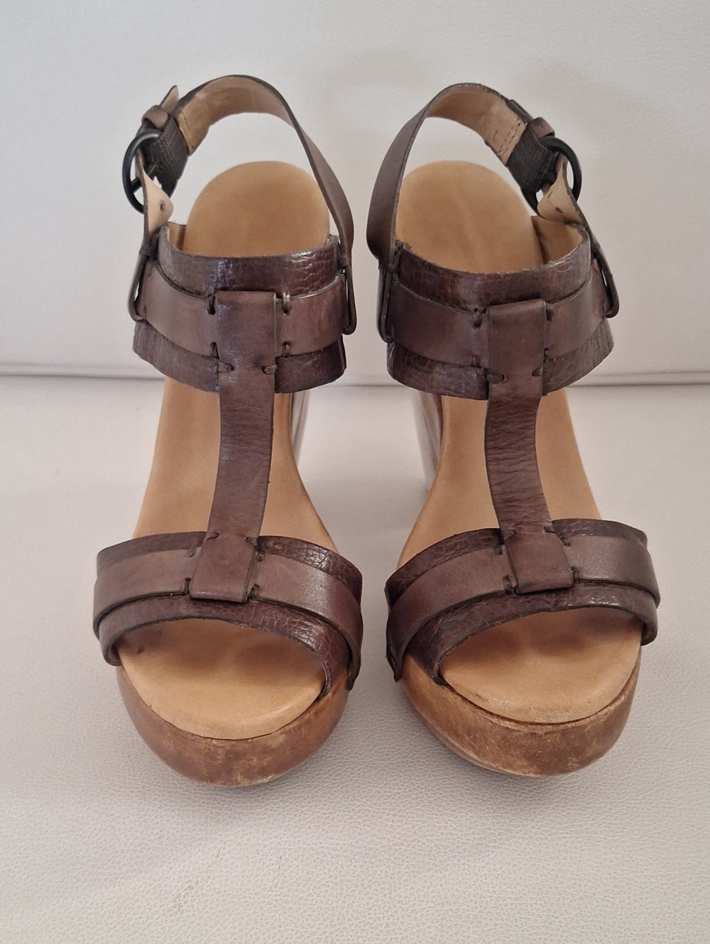 All Saints Brown Leather T-Strap Platform Sandals